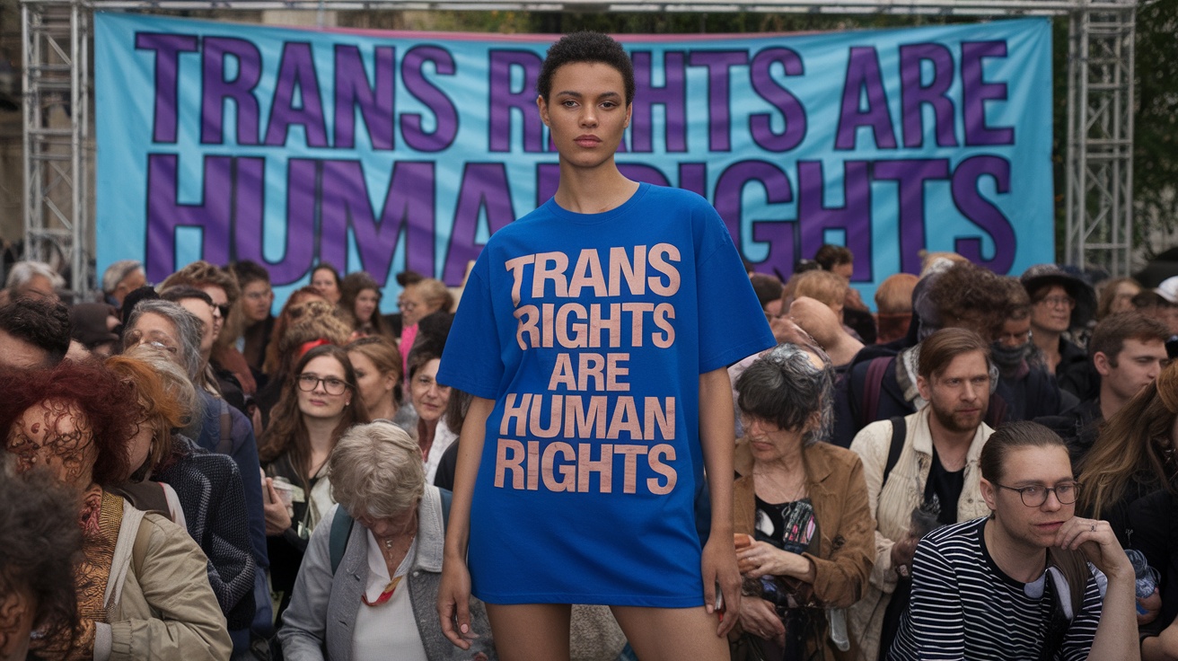 A model wearing a blue t-shirt with the text 'Trans Rights Are Human Rights' in a crowd.