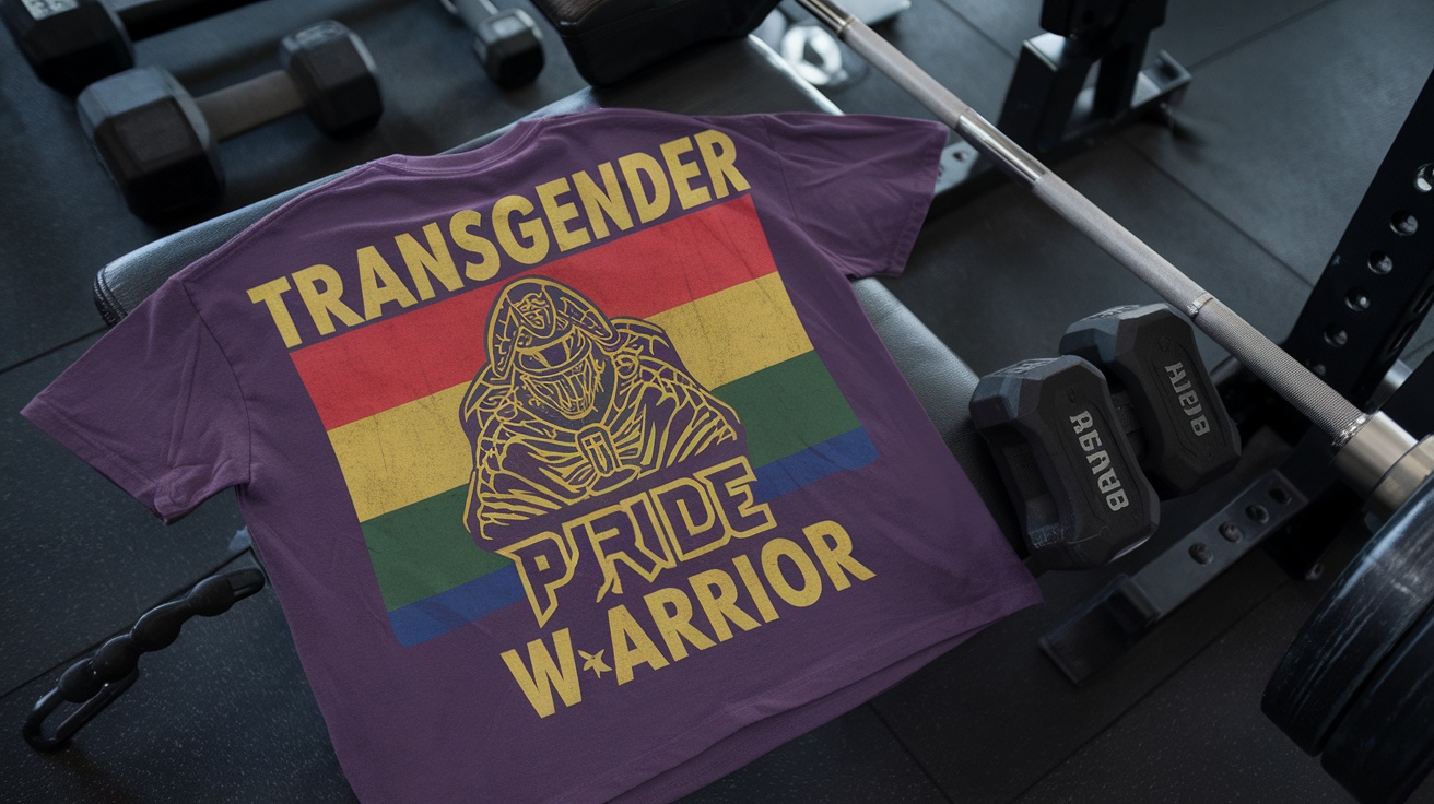 A purple Transgender Pride Warrior t-shirt laid out on a gym bench, featuring a rainbow flag design.