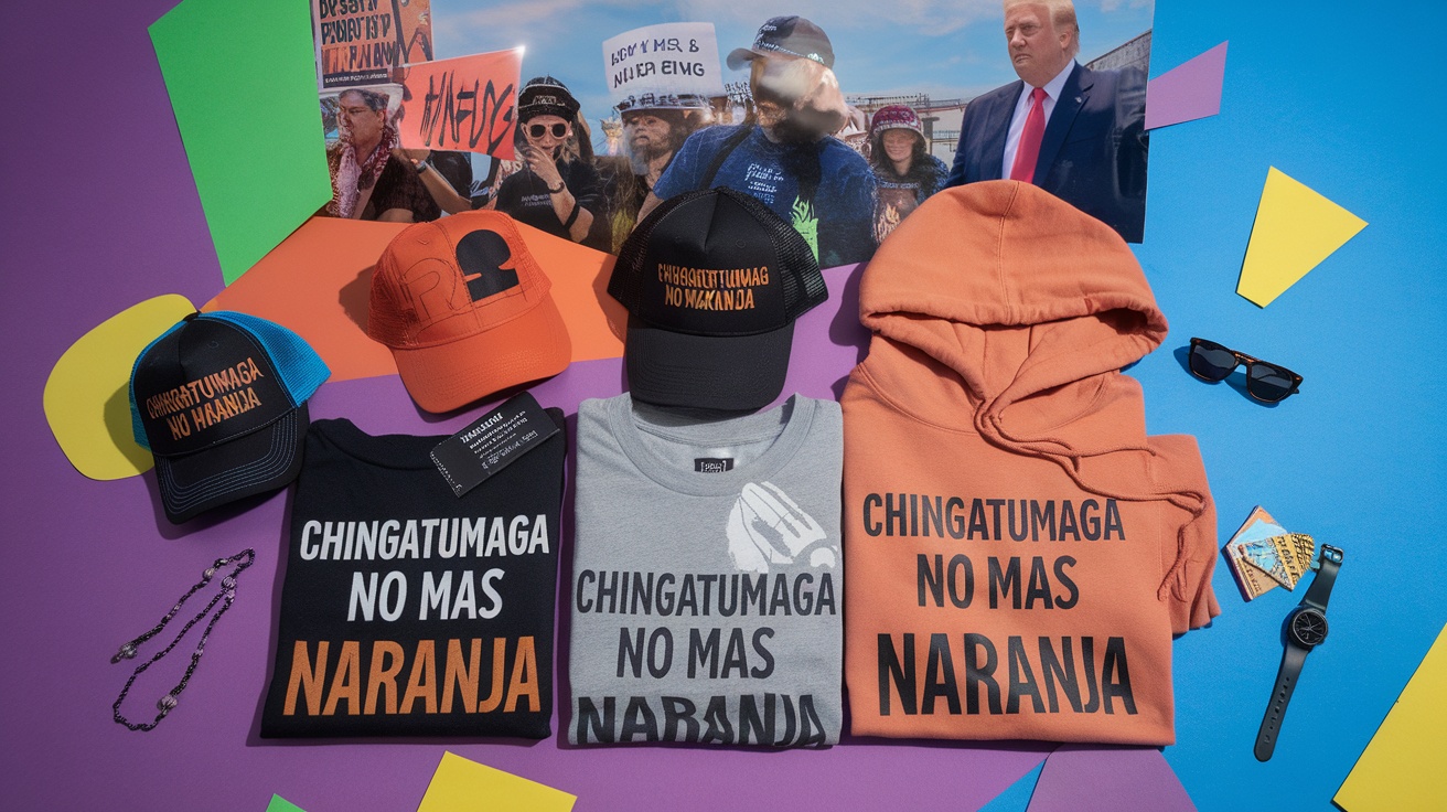 A collection of chingatumaga no mas naranja hats, shirts, and hoodies displayed on a colorful background.
