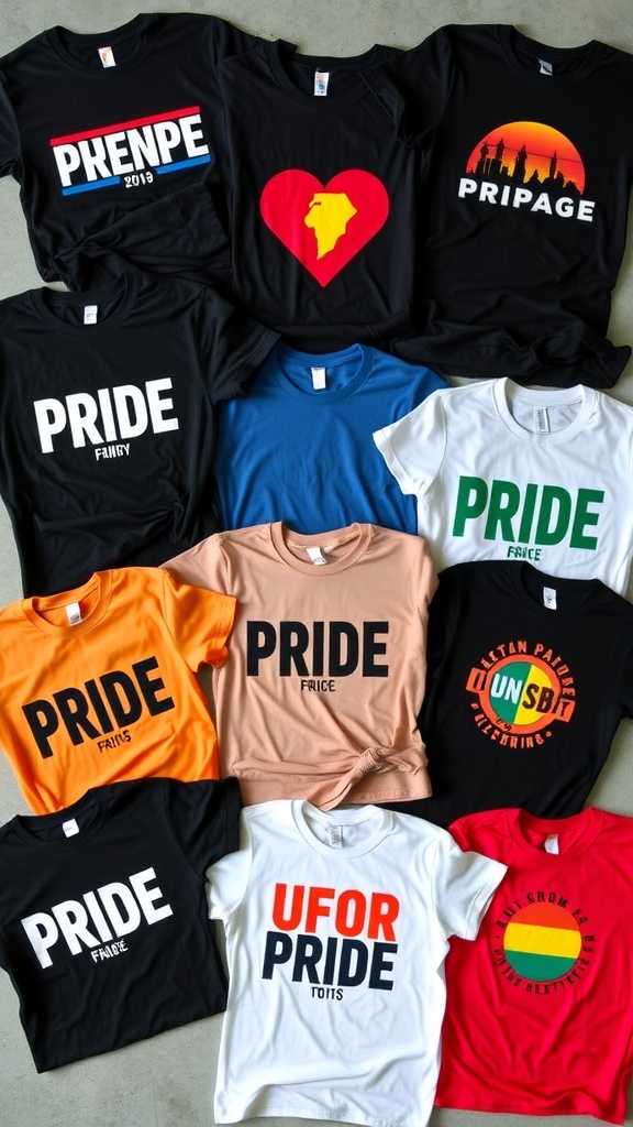 Two young men wearing matching pride t-shirts with rainbow heart designs, surrounded by colorful t-shirts.