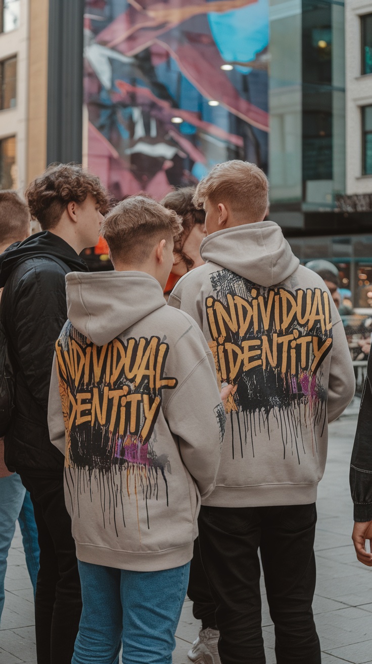 Group of teenagers wearing hoodies with 'INDIVIDUAL IDENTITY' text, featuring graffiti-inspired designs.