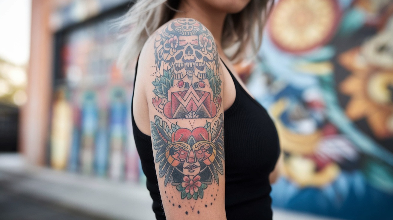 A close-up of a colorful tattoo on a woman's arm, featuring skulls, flowers, and vivid imagery inspired by Mexican muralist art.