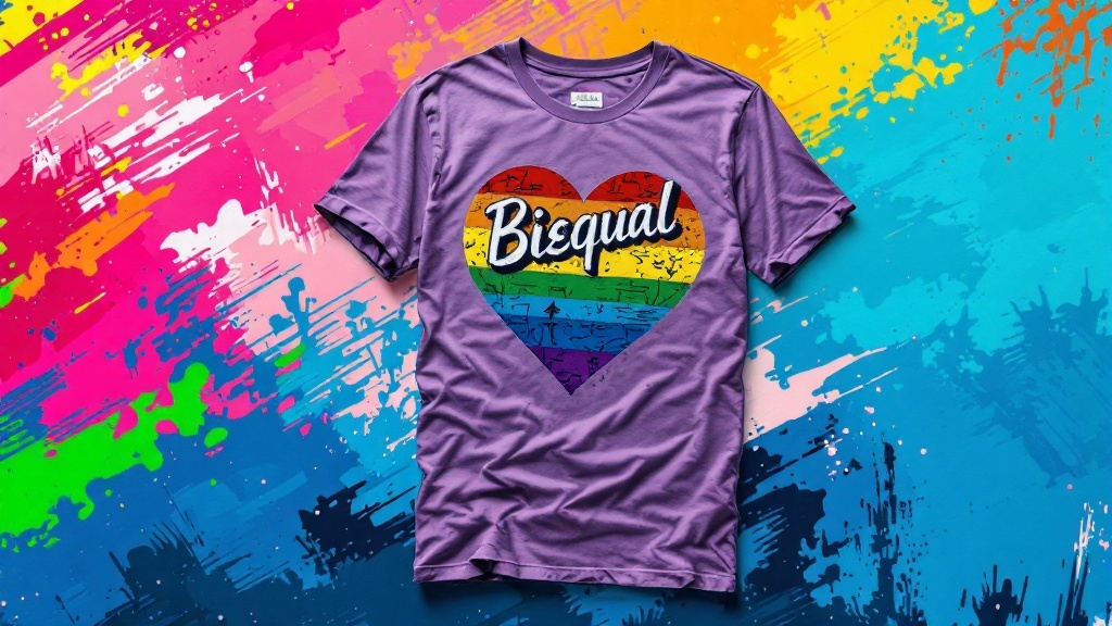 Person wearing a colorful bisexual pride graphic tee with a bright pink background.