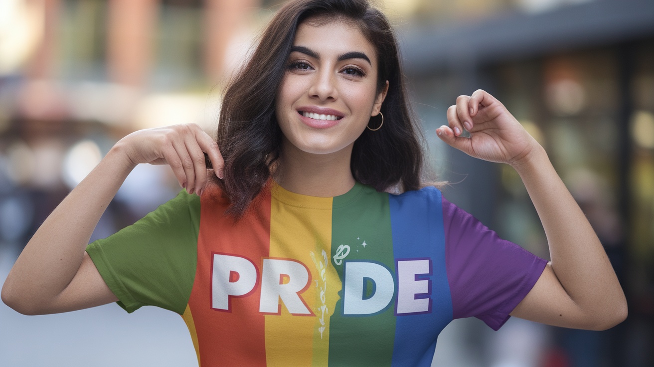 A person wearing a colorful pride t-shirt with the word 'PRIDE' displayed prominently.