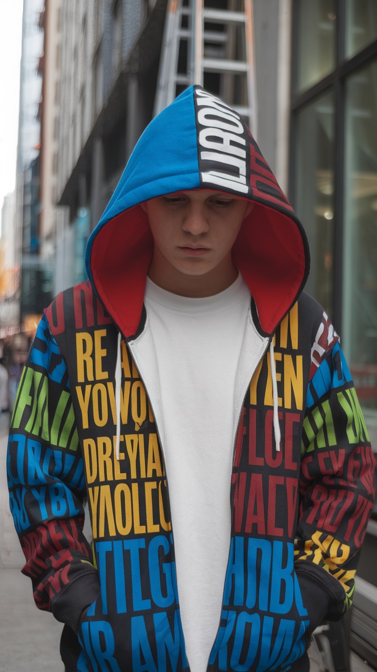 Black hoodie with bold text on the back, showcasing a graffiti-inspired design.