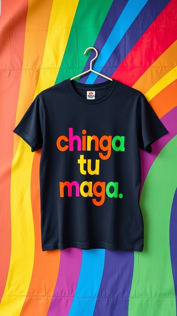 A person wearing a colorful pride t-shirt with the word 'PRIDE' prominently displayed.