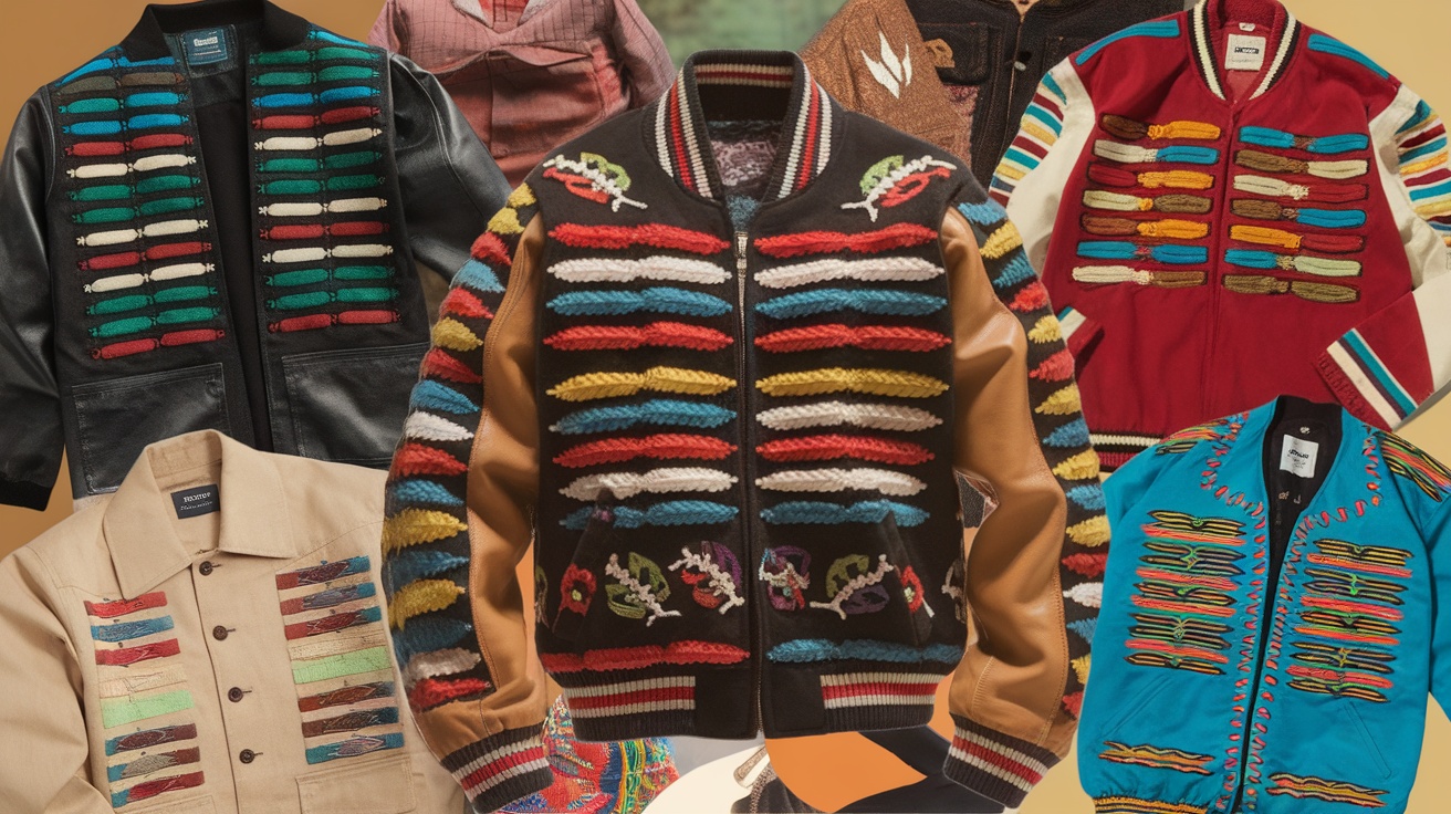 A collection of various Mexican jackets showcasing vibrant colors and intricate designs.