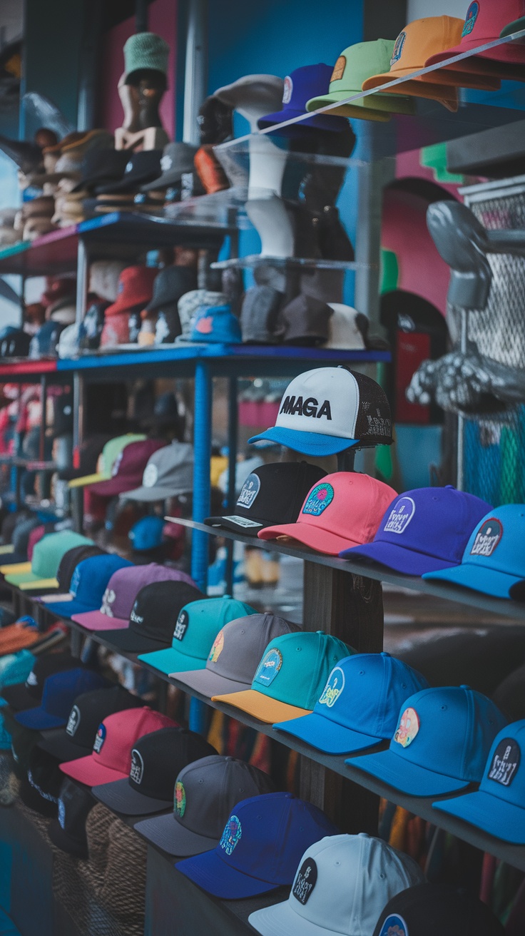 Various trendy baseball hats displayed on a shelf