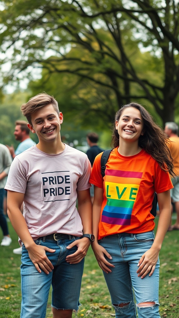 Two young people smiling in a park, wearing pride shirts, promoting inclusivity and diversity.