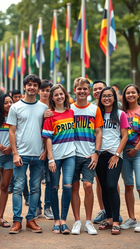 A diverse group of people wearing colorful pride t-shirts, smiling together in a park.