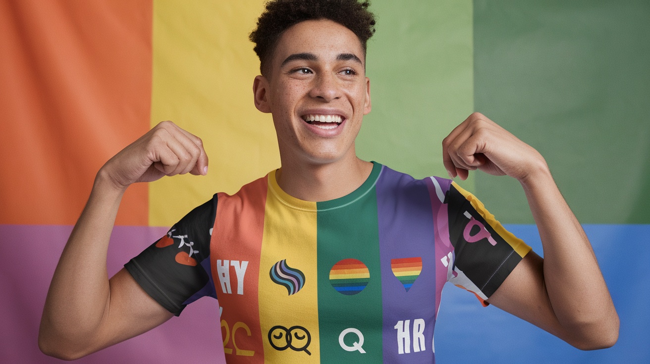 A person wearing a colorful pride shirt with various symbols and designs, smiling and flexing.