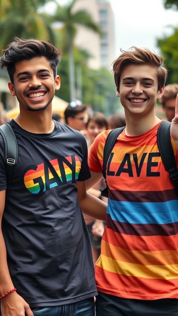 Two young men smiling and wearing colorful gay pride t-shirts at an event.