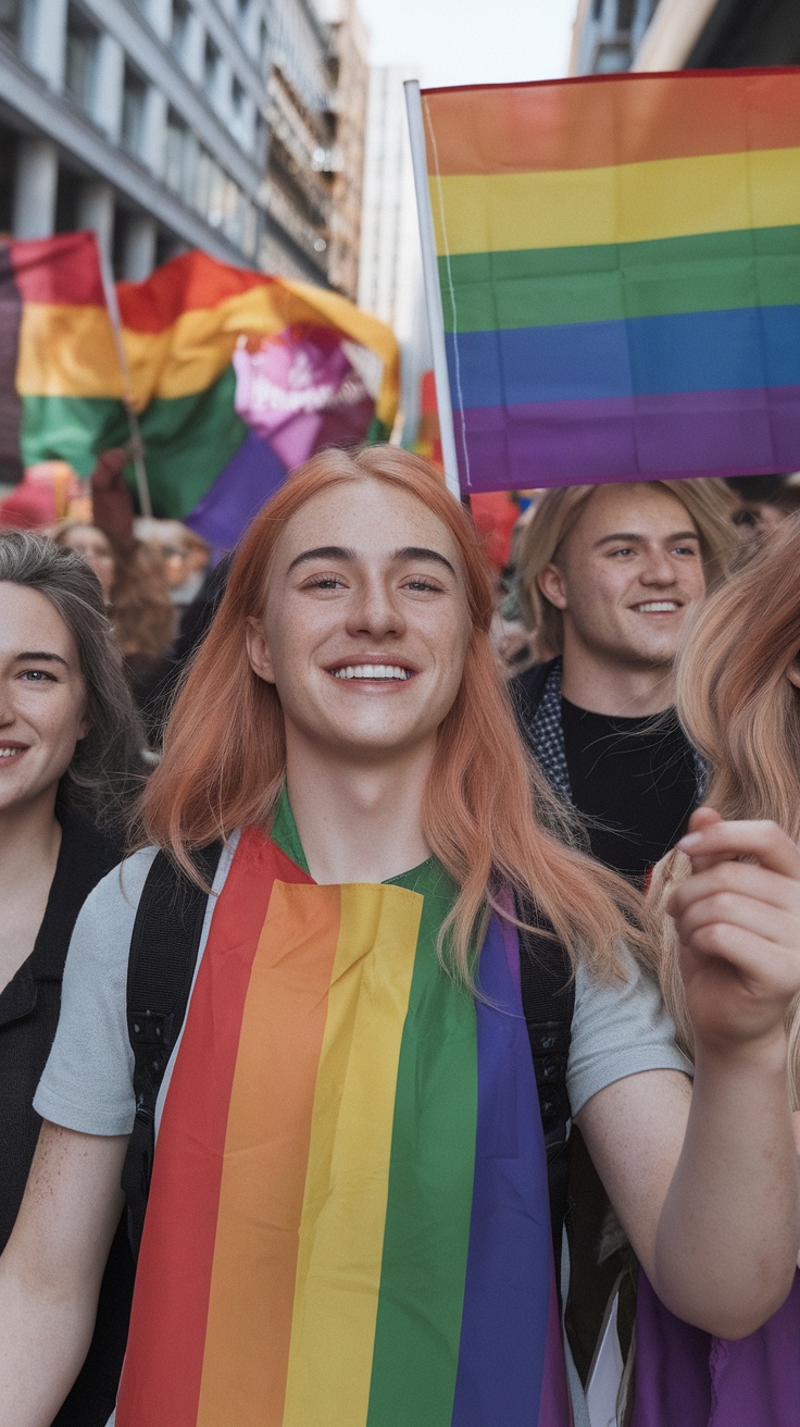 A diverse group of people smiling and celebrating at a pride event with rainbow flags.