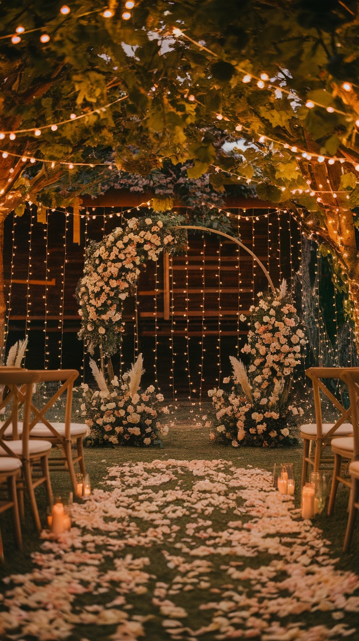 Outdoor wedding ceremony with fairy lights and floral arrangements