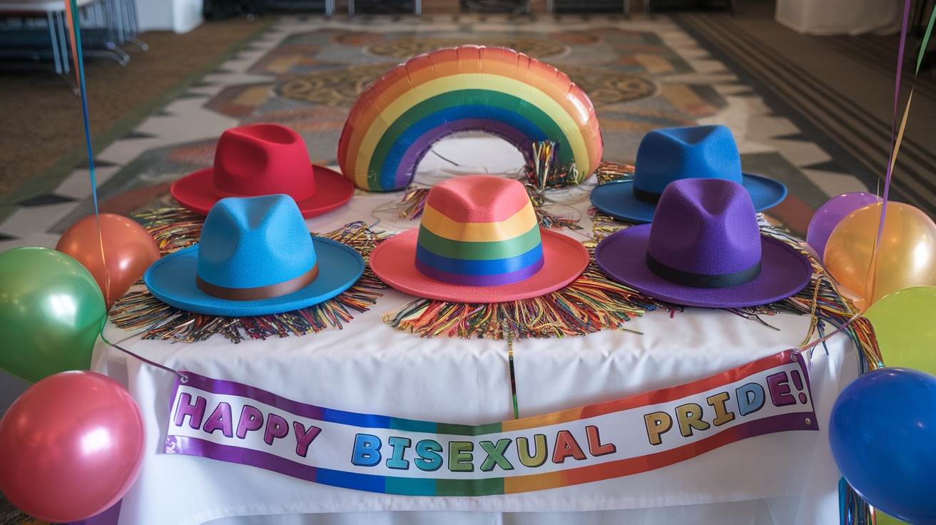 Colorful hats and balloons celebrating bisexual pride.