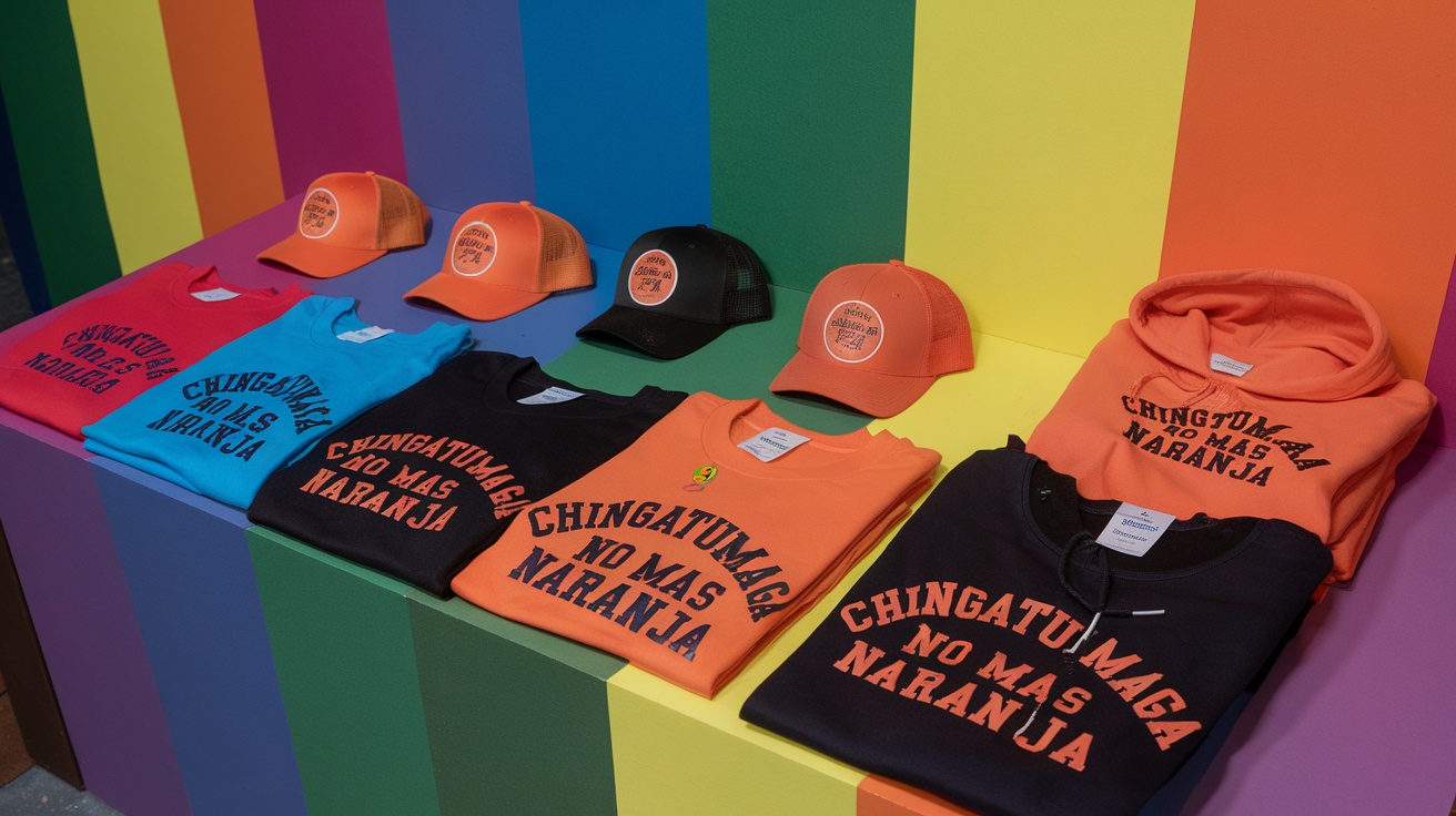 A colorful display of people wearing Chingatumaga No Mas Naranja hats and hoodies, showcasing the trendy merch collection.