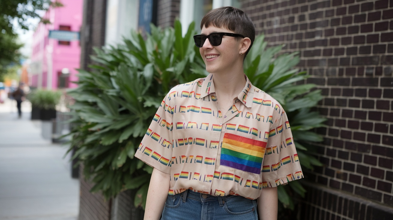 A person wearing a stylish pride shirt with rainbow patterns, smiling outdoors.
