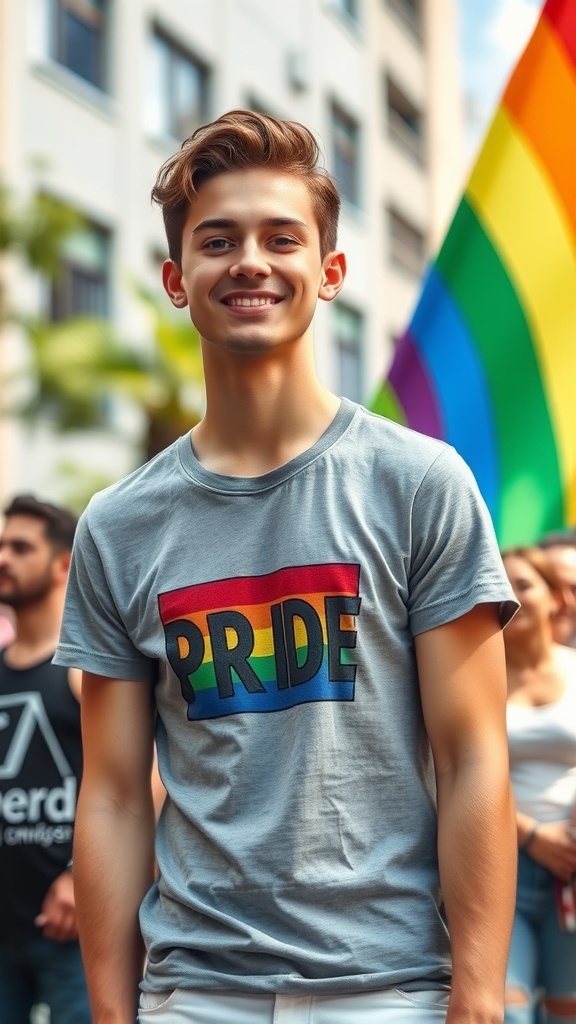 A young man smiling while wearing a gray pride t-shirt with a rainbow design.