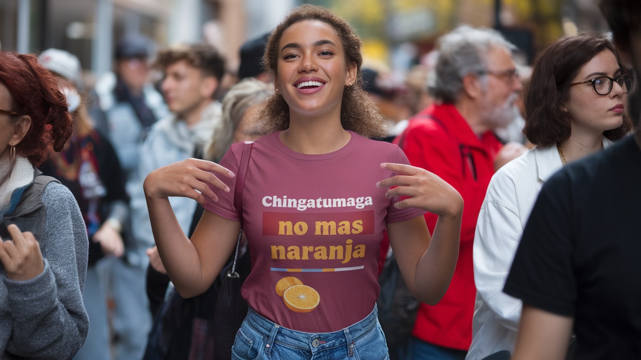 A woman wearing a chingatumaga no mas naranja shirt, smiling and posing in a crowded street.