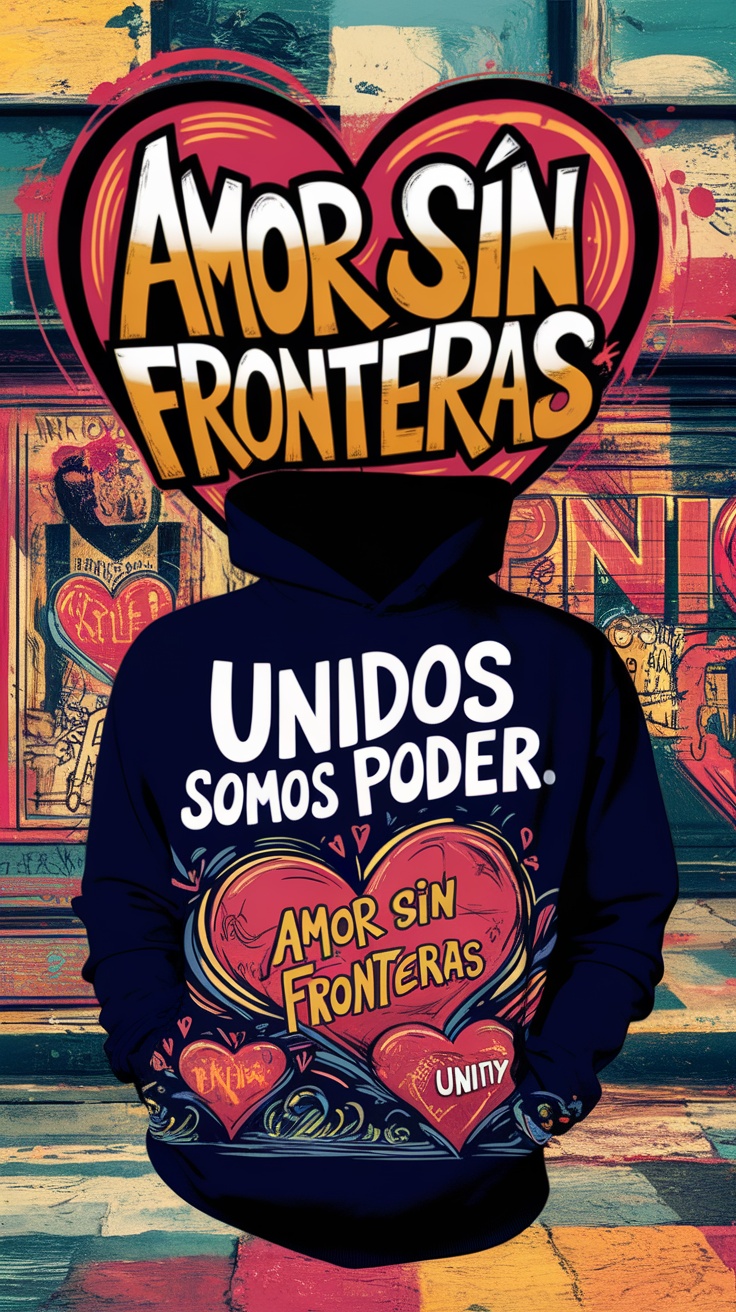 A hoodie with the text 'Amor Sin Fronteras' and 'Unidos Somos Poder' surrounded by a colorful street art background.