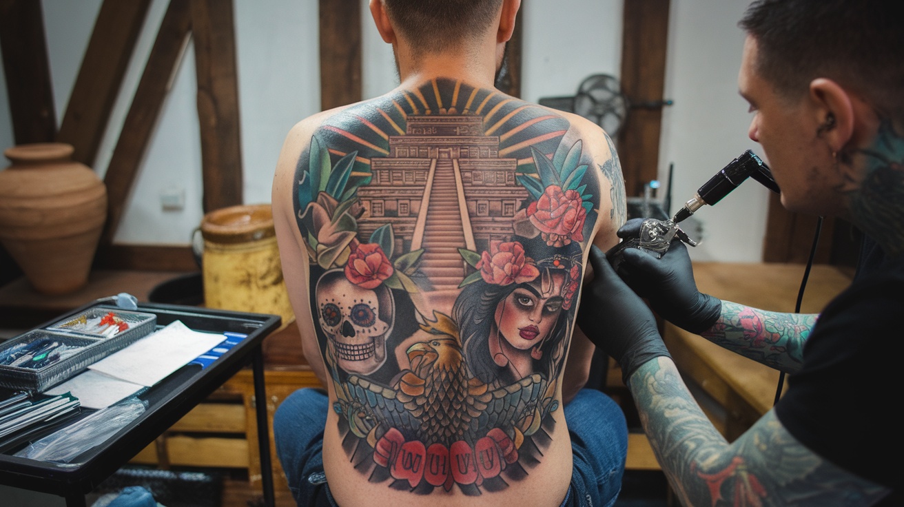 Tattoo artist working on a back tattoo featuring Mexican cultural elements.