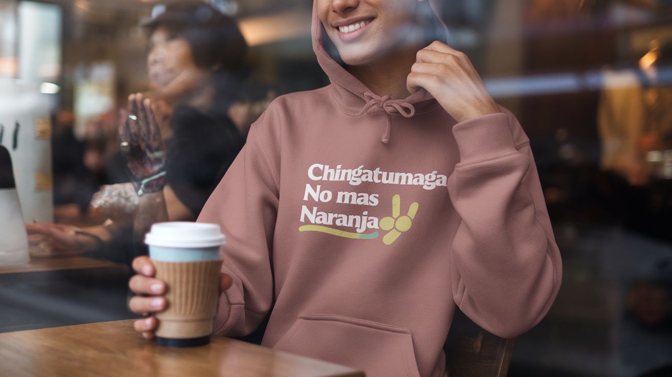 Person wearing a chingatumaga no mas naranja hoodie, holding a coffee cup in a cozy cafe setting.