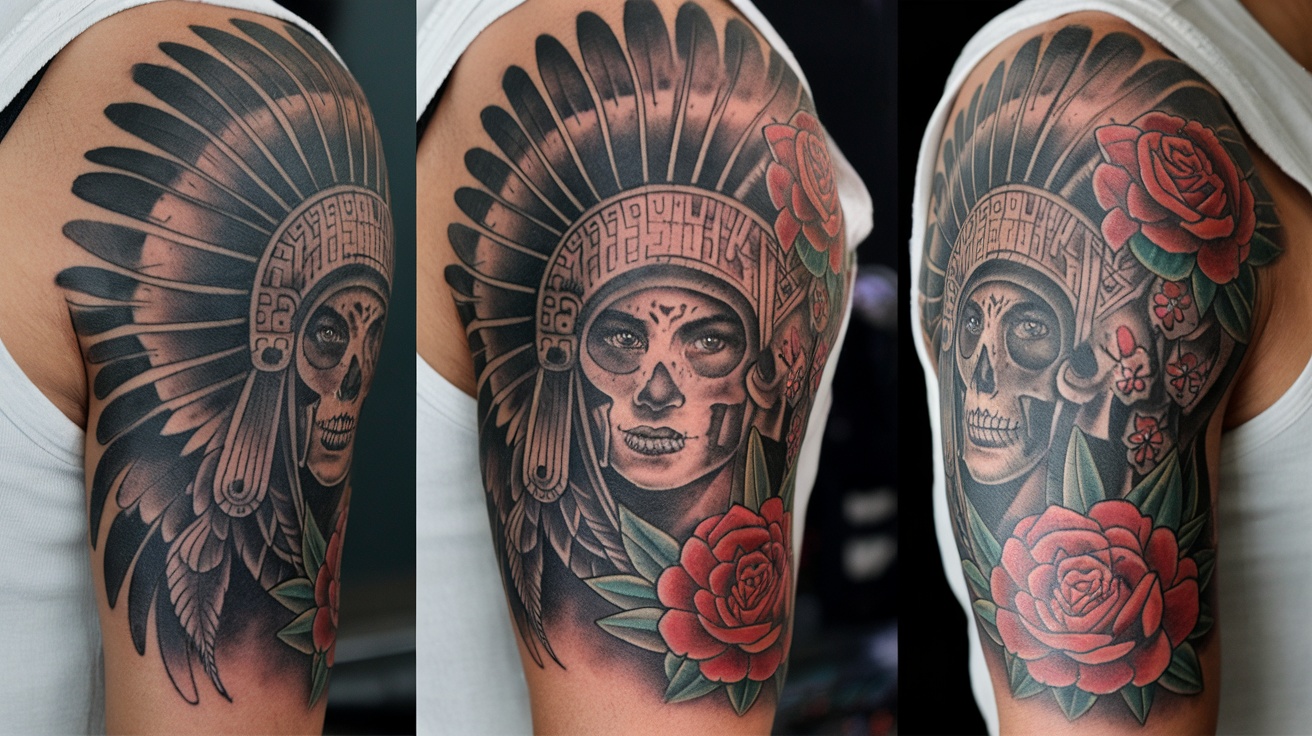 A colorful tattoo on the arm featuring a skull in an Aztec headdress with flowers.