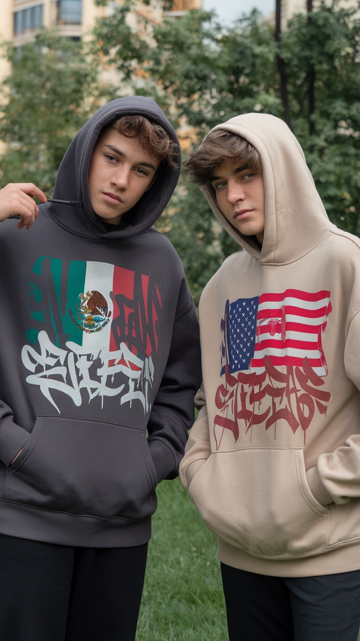A group of teens wearing hoodies that combine Mexican and American flag designs, showcasing cultural pride and unity.