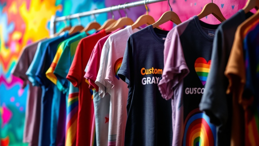 A display of colorful custom gay t-shirts hanging on a rack, with two smiling individuals showcasing their favorite designs.