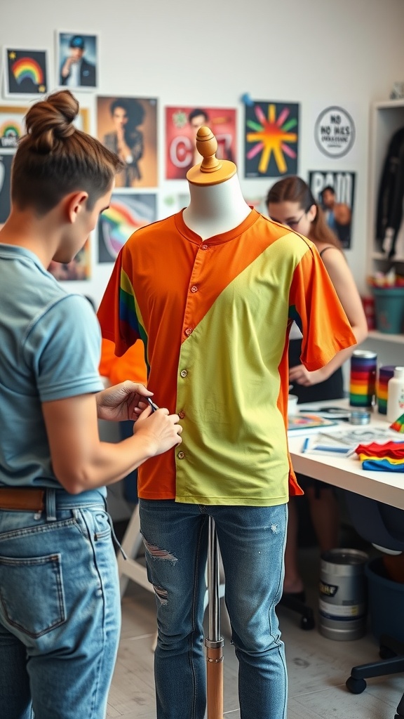 Two individuals smiling while wearing colorful pride t shirts in a cozy setting.