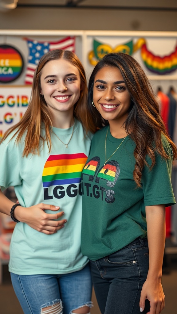 Two young women wearing colorful gay pride t-shirts with vibrant designs.