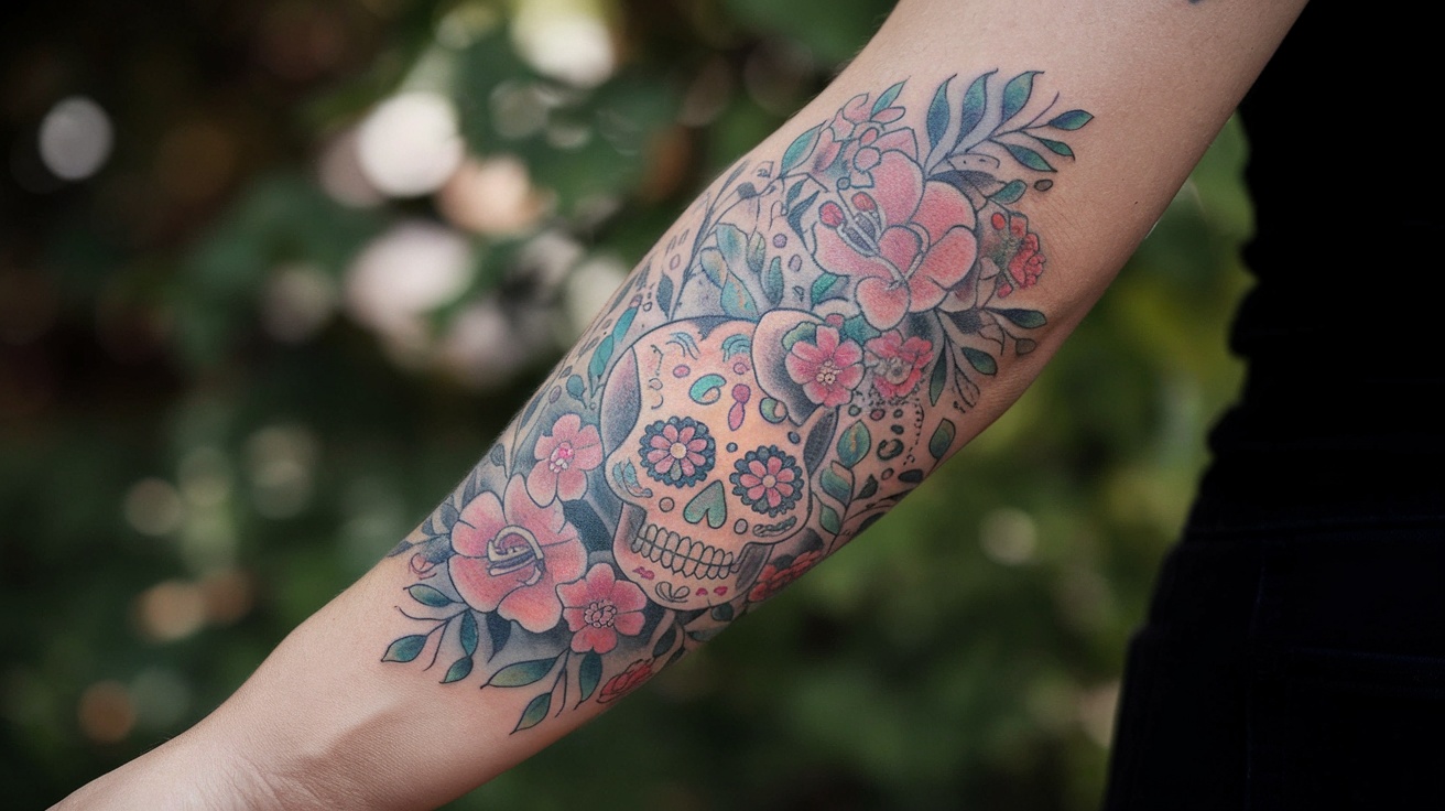 A vibrant sugar skull tattoo surrounded by flowers on a woman's forearm, celebrating Mexican culture and femininity.