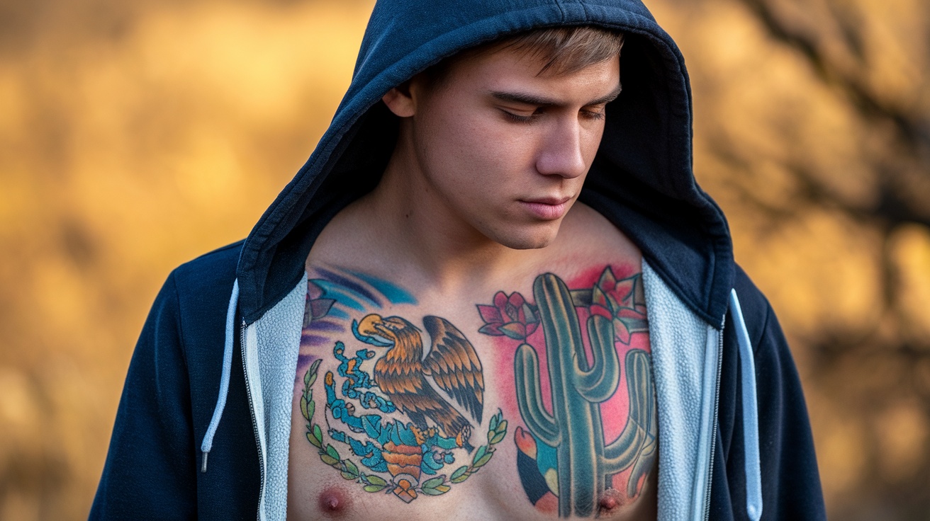 A young man with tattoos representing Mexican culture, showcasing an eagle and a cactus on his chest.