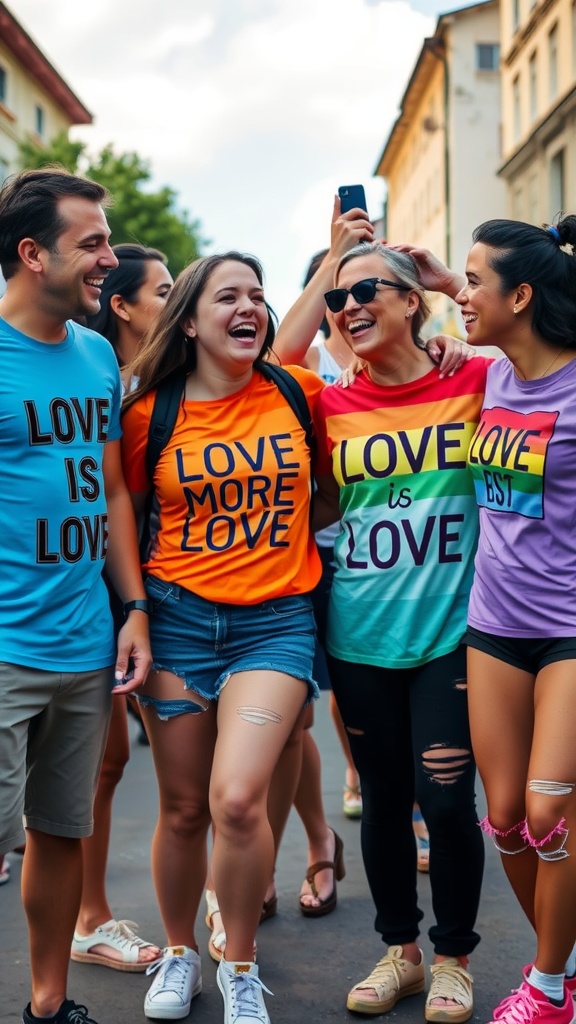 Three friends wearing pride-themed clothing, smiling and celebrating together.