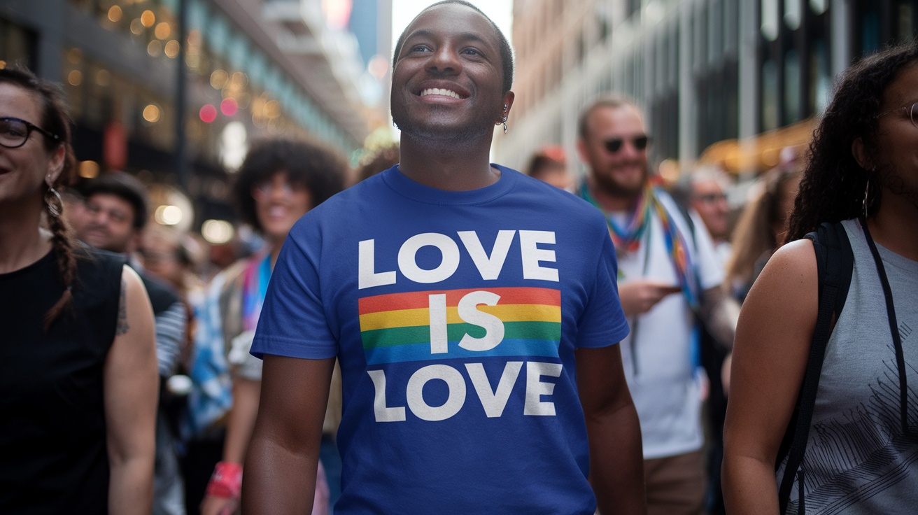 A man smiling in a crowd wearing a blue t-shirt that says 'LOVE IS LOVE' with a rainbow design.