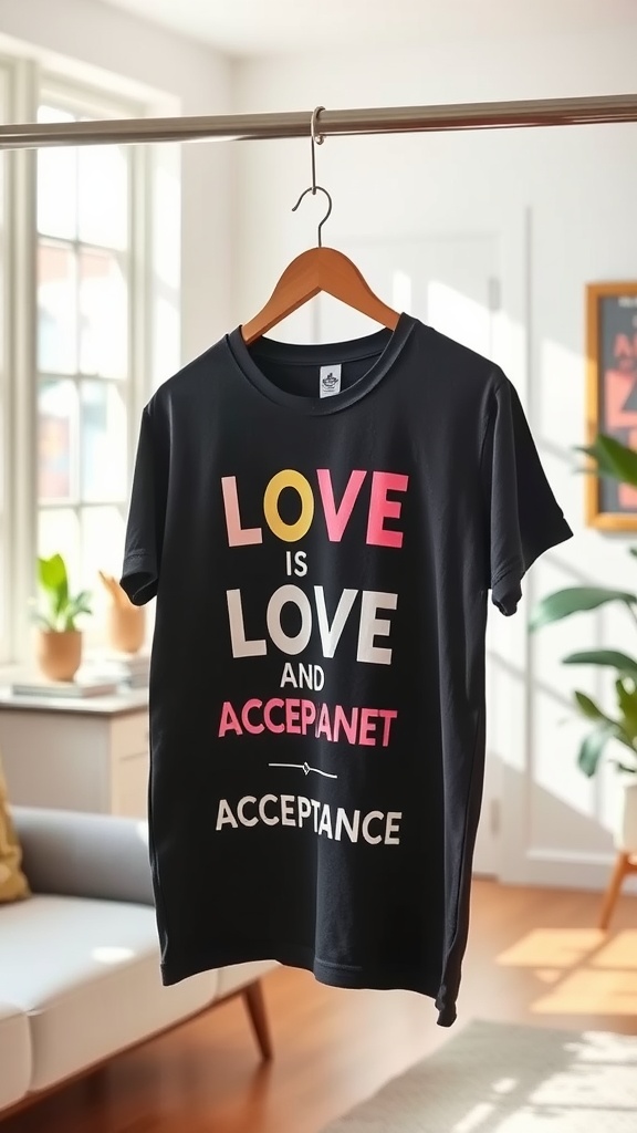 Two smiling individuals wearing a beige pride t-shirt with the words 'LOVE & ACCEPTANT' printed on it.