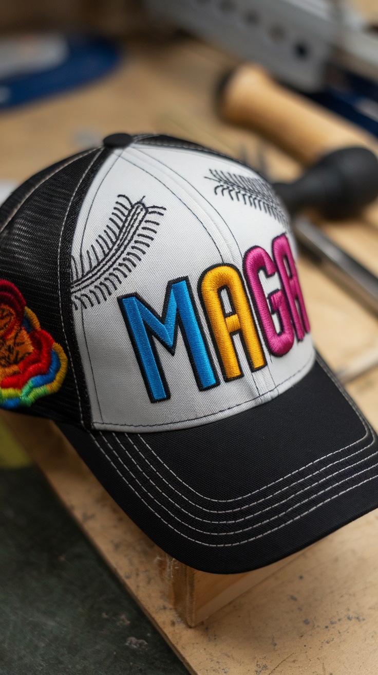 A colorful MAGA hat with unique stitching and design.