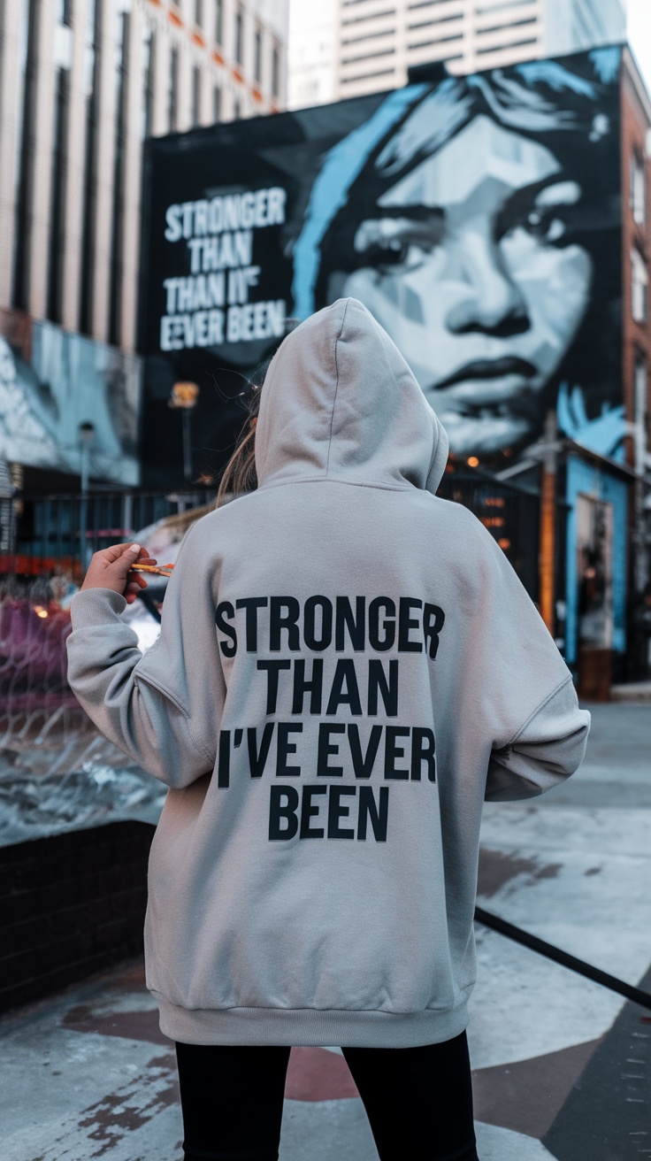 A person wearing a hoodie with the text 'Stronger Than I've Ever Been' stands in front of a street art mural.