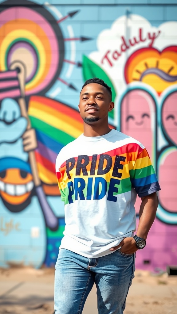 A young man wearing a bright red pride shirt with the word 'PRIDE' on it, smiling in front of a colorful graffiti wall.