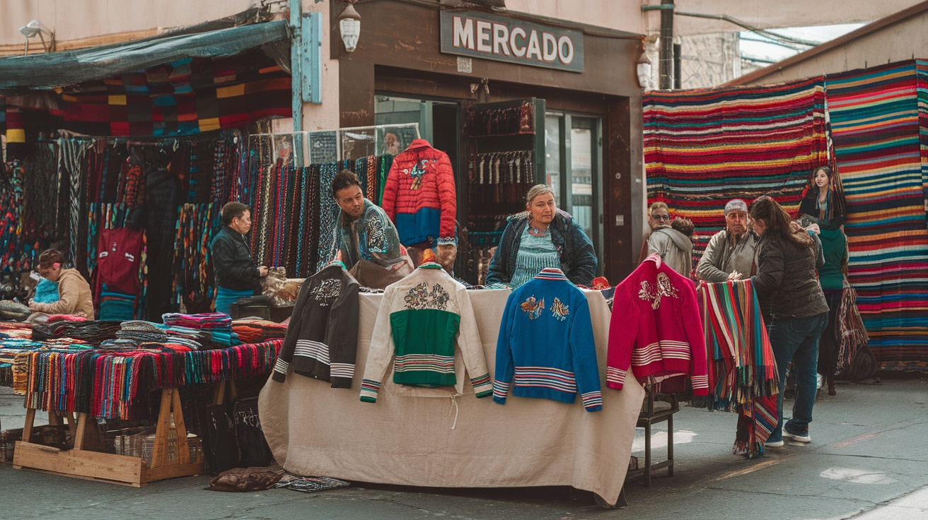A vibrant local market in Mexico showcasing a variety of jackets and colorful textiles.