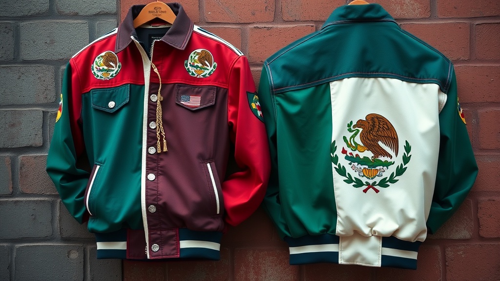Various styles of Mexican jackets including bomber jackets, hoodies, and embroidered options.