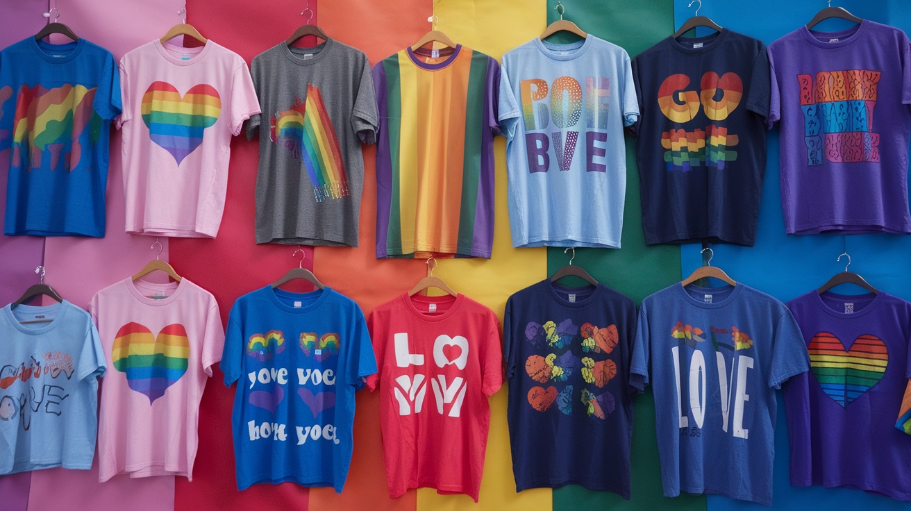 A collage of various colorful custom pride shirts featuring different messages and designs.
