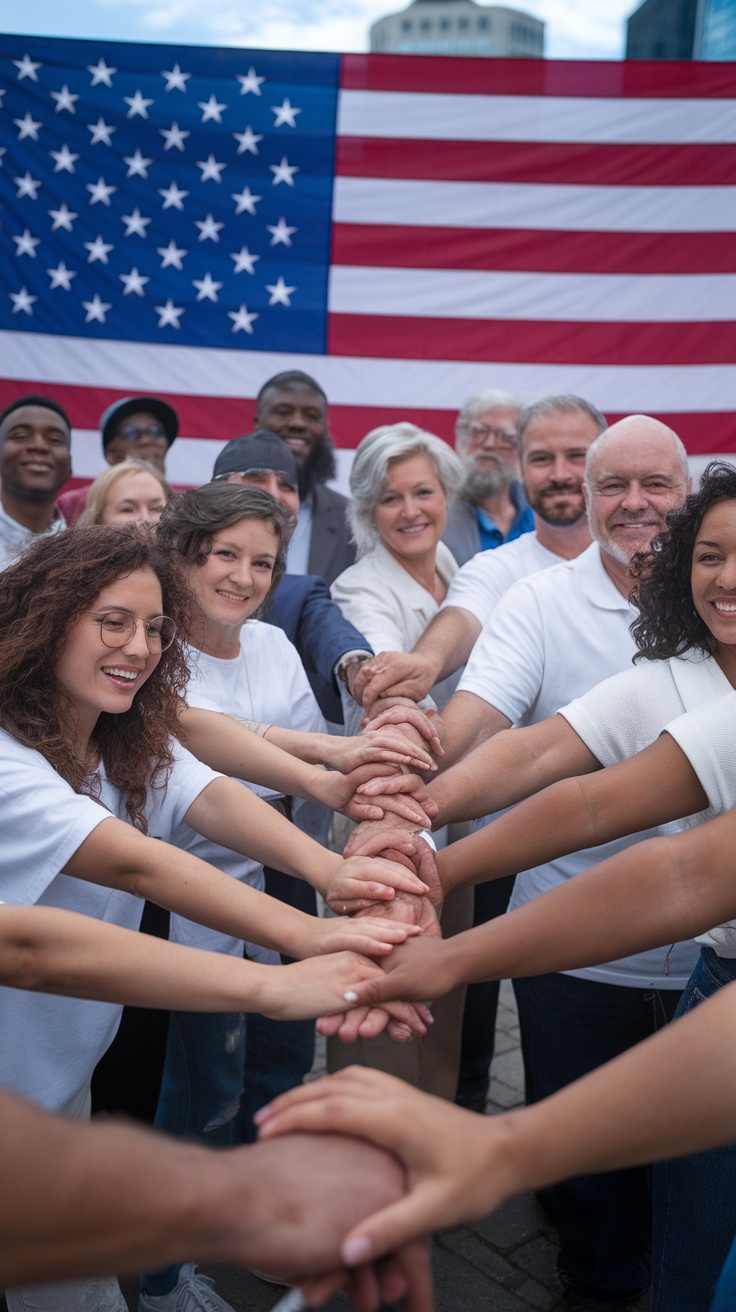 A diverse group of people holding hands in front of an American flag, symbolizing unity and patriotism.