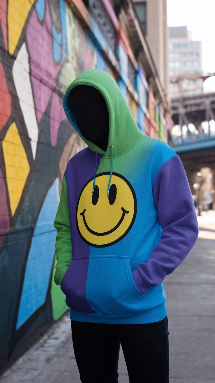 A colorful hoodie with a smiley face design, set against a vibrant urban mural background.