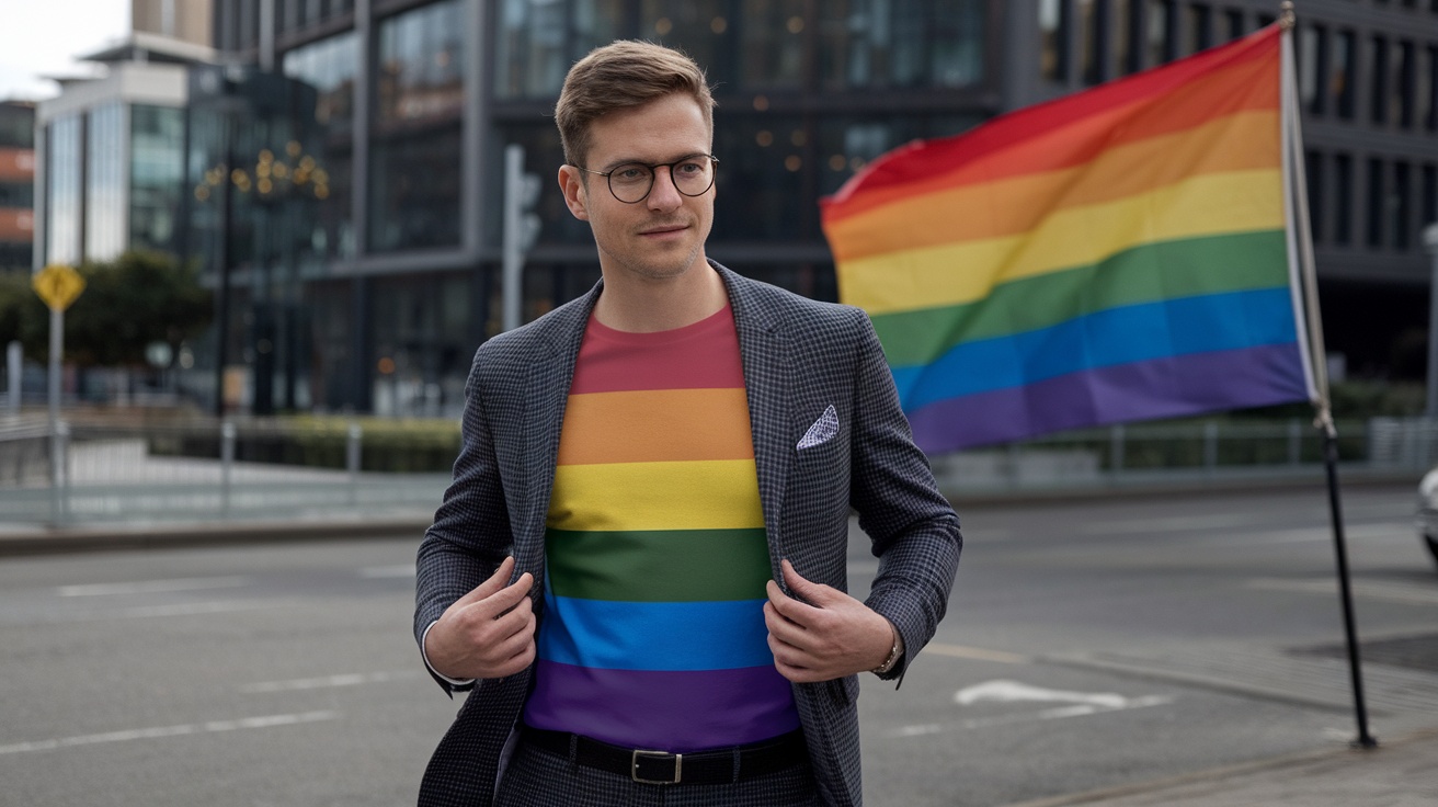 A person wearing a pride t-shirt with a rainbow flag in the background.