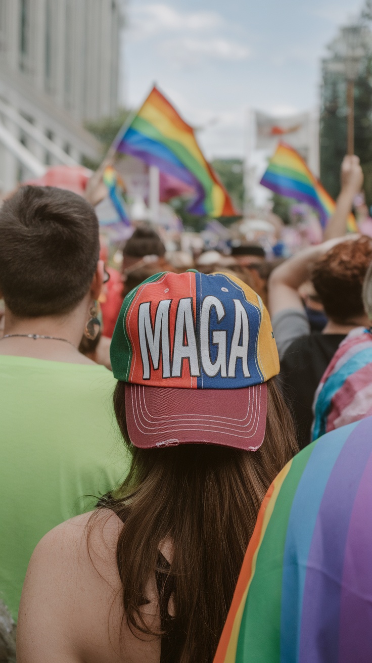 A person wearing a colorful MAGA hat in a crowd at a pride event with rainbow flags.