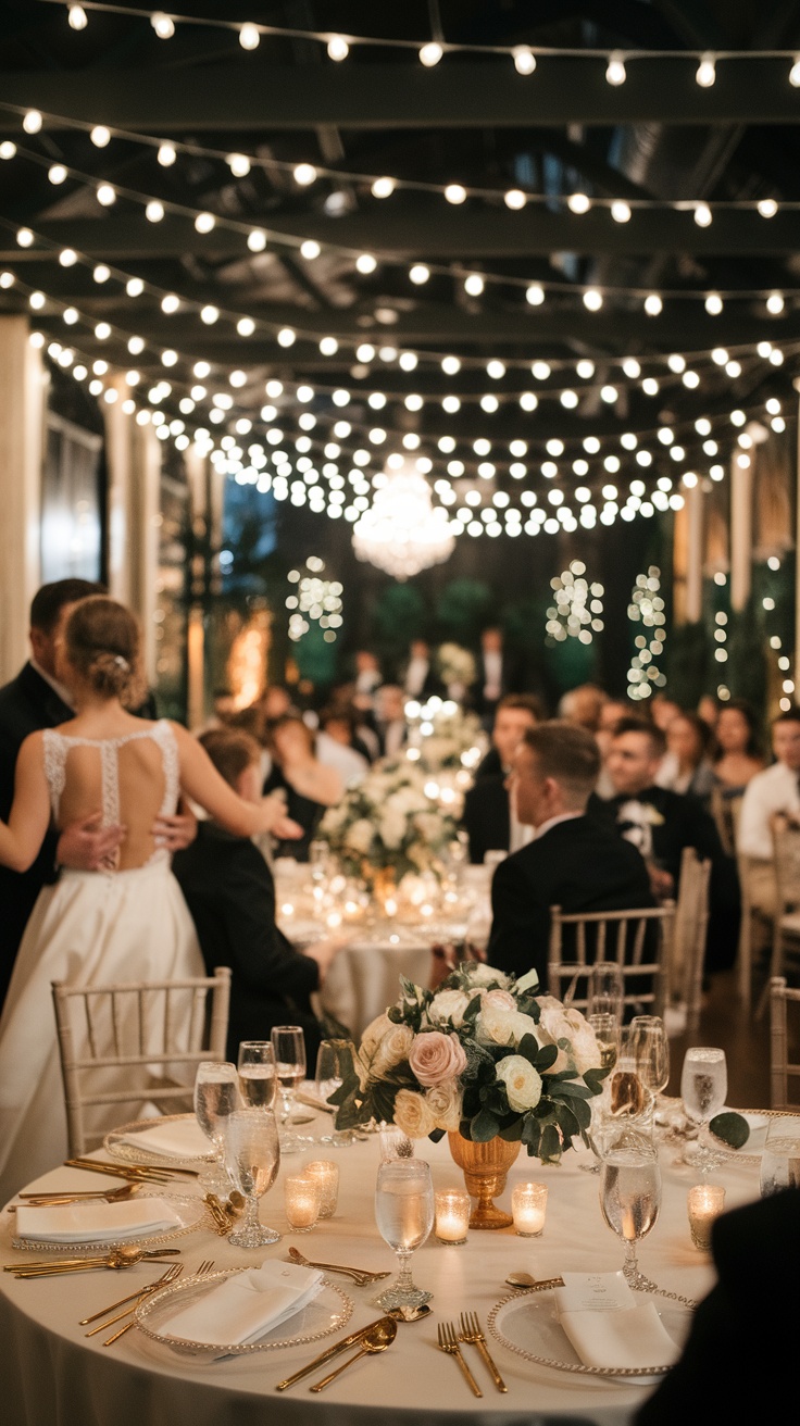 Intimate wedding reception setup with string lights and floral arrangements
