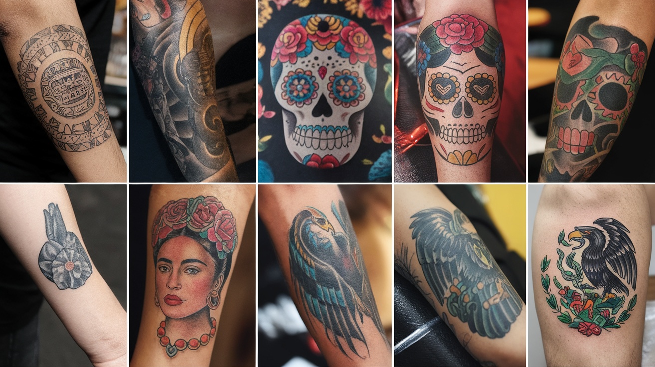 A collage of various Mexican tattoo designs showcasing rich cultural heritage.