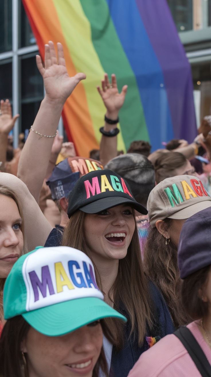 A group of people smiling and showing off colorful MAGA hats at a pride event.