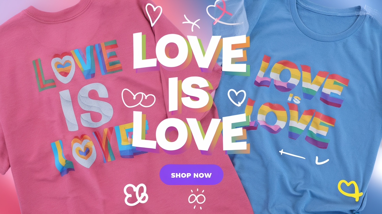 Custom pride shirts showcasing vibrant designs with the message 'Love is Love'.
